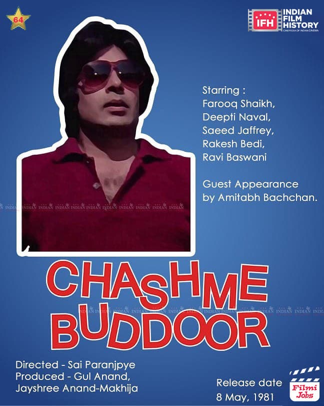 Chashme Buddoor 1981, Farooq Shaikh, Ravi Baswani, Saeed Jaffrey, Amitabh Bachchan,  Deepti Naval