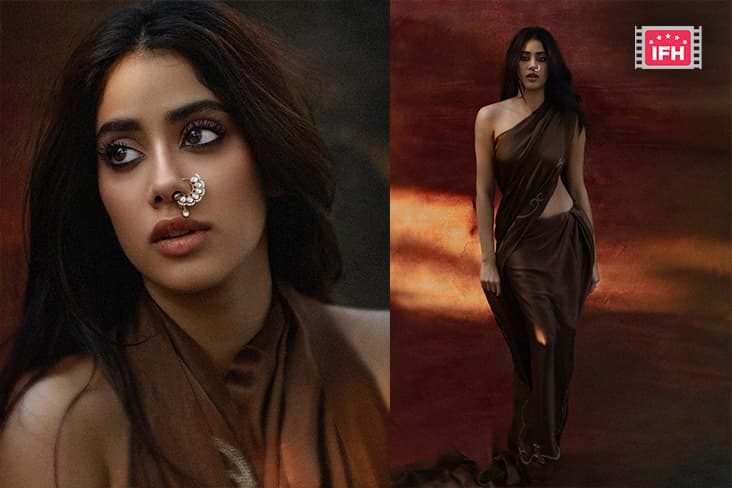 Janhvi Kapoor Is Seen Posing In A Bold Style Wearing A Brown-Colored Saree.