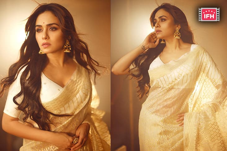 Amruta Khanvilkar Looks Divine In A Gold Saree As She Promotes Prasad Oak’s Chandramukhi
