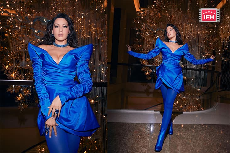 Nora Fatehi Looked Stunning In A Metallic Blue Dramatic Dress.