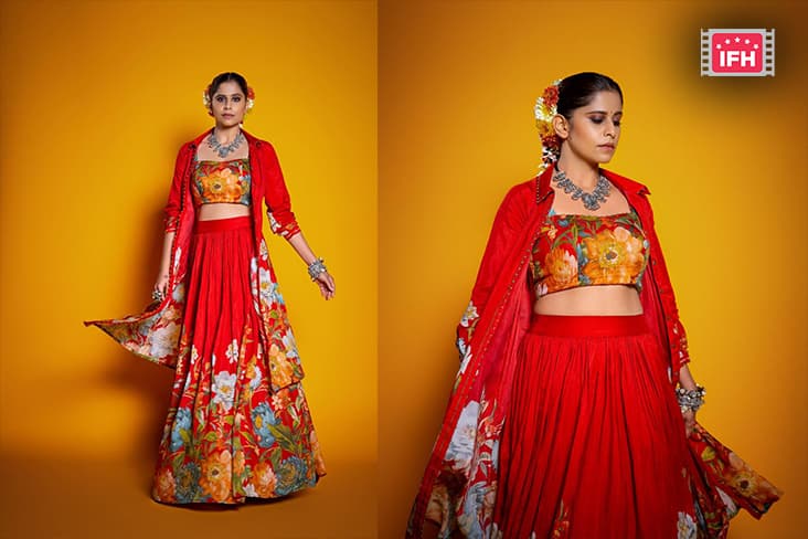 Sai Tamhankar Poses Admirably In A Red Floral Dress.