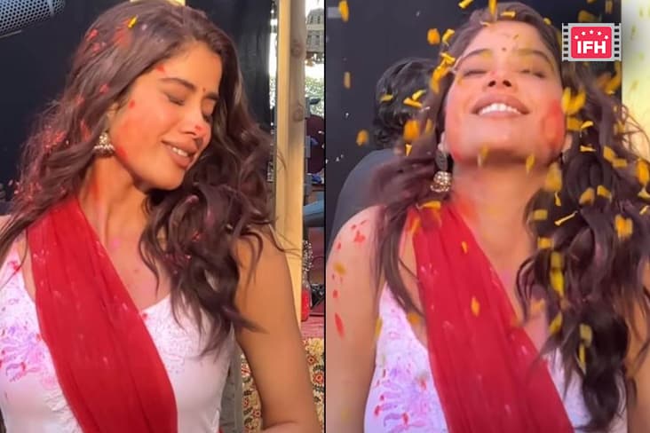 Holi Fever On Janhvi Kapoor, Seen Playing With Colors And Flowers On The Set.